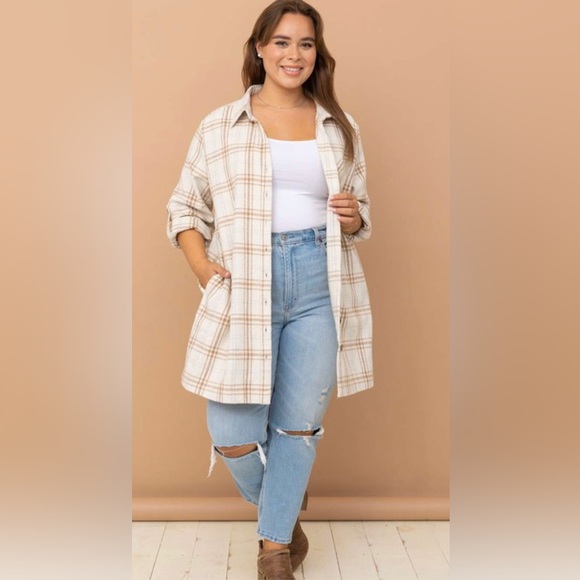 New Plaid Button Up Shacket Dress With Roll Up Sleeves - Picture 3 of 9